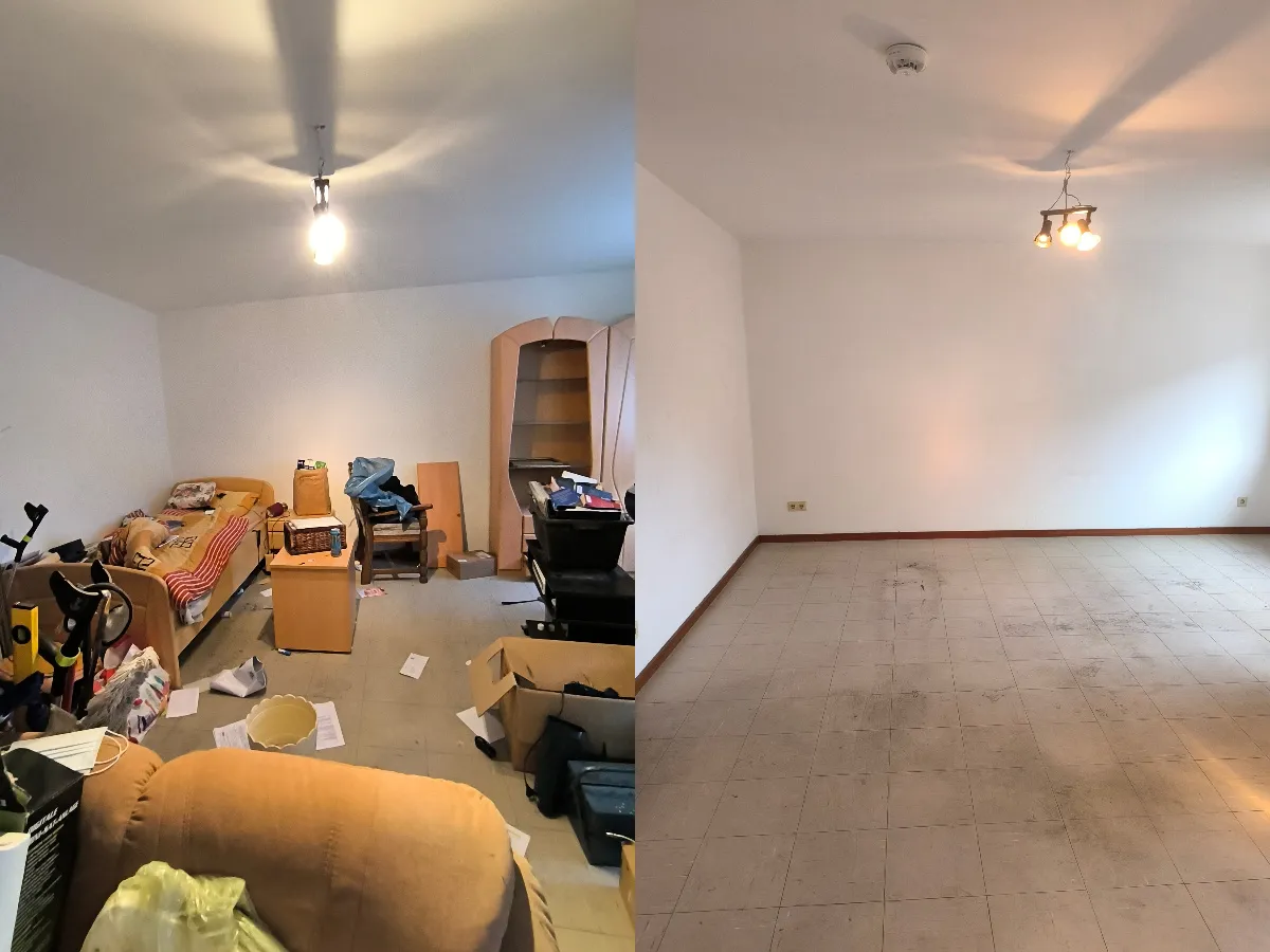 Vorher-Nachher Bild einer Entrümpelung – unordentliches Zimmer mit Möbeln und Kartons links, leerer sauberer Raum rechts